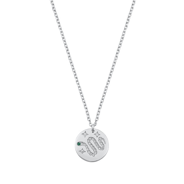 Sterling Silver Rhodium Plated Clear CZ Snake Necklace with Emerald Eye