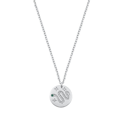 Sterling Silver Rhodium Plated Clear CZ Snake Necklace with Emerald Eye