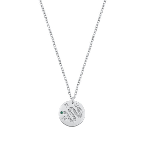 Sterling Silver Rhodium Plated Clear CZ Snake Necklace with Emerald Eye
