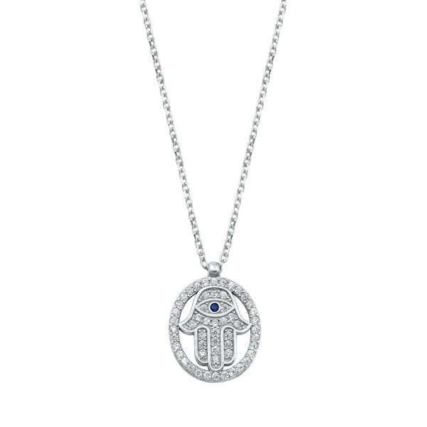 Sterling Silver Rhodium Plated Hamsa Blue And Clear CZ Necklace