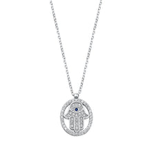 Load image into Gallery viewer, Sterling Silver Rhodium Plated Hamsa Blue And Clear CZ Necklace