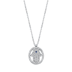 Sterling Silver Rhodium Plated Hamsa Blue And Clear CZ Necklace