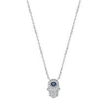 Load image into Gallery viewer, Sterling Silver Rhodium Plated Clear CZ Hamsa and Evil Eye Necklace
