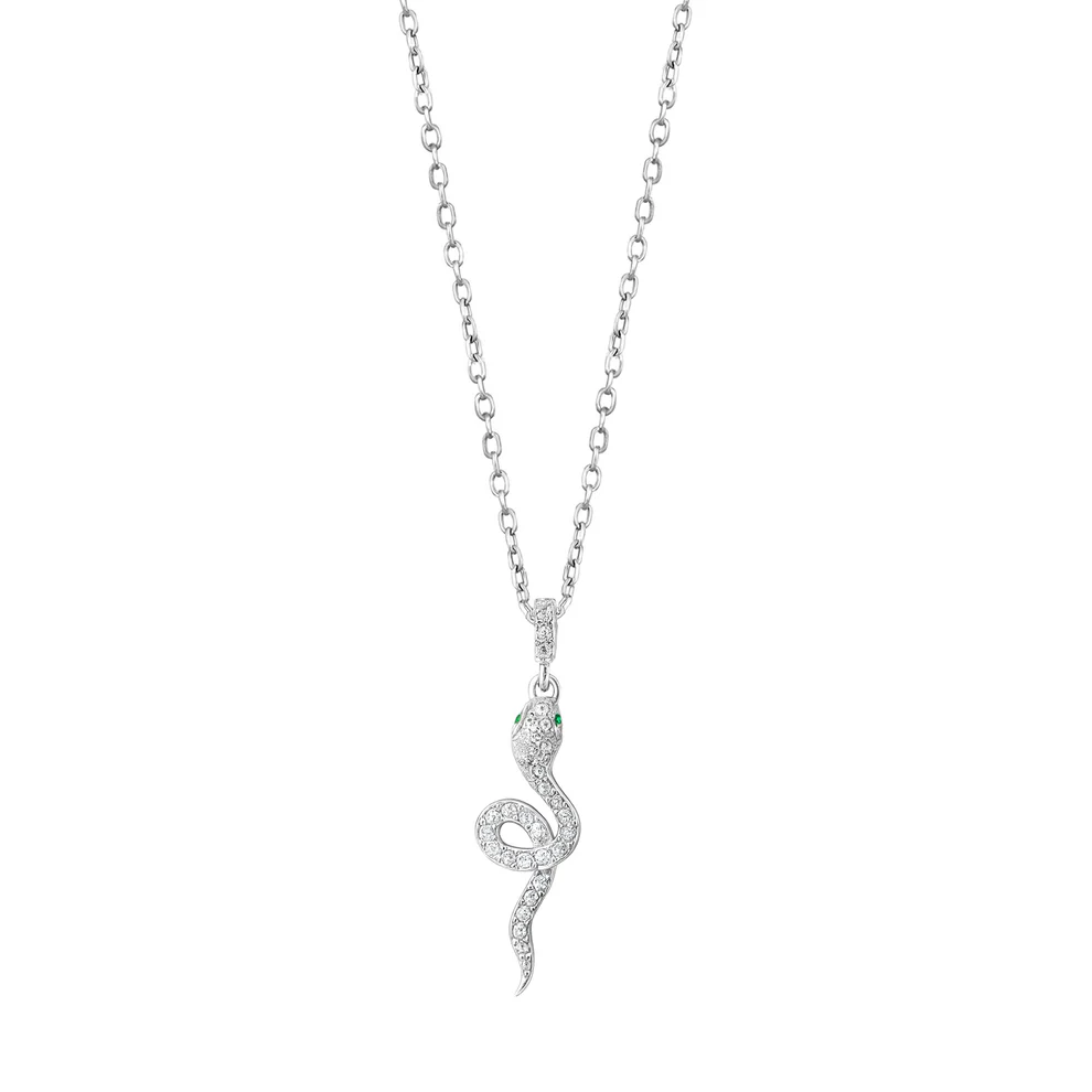 Sterling Silver Rhodium Plated Snake Clear CZ Necklace