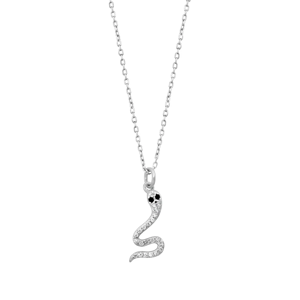 Sterling Silver Rhodium Plated Snake Black And Clear CZ Necklace