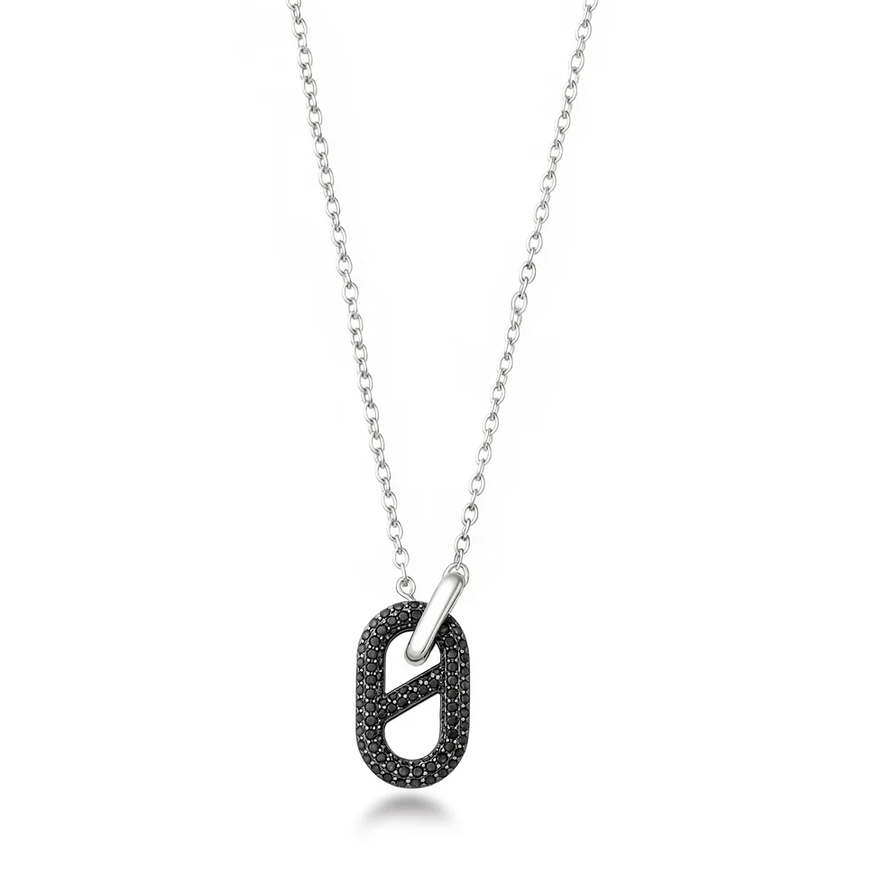 Sterling Silver Rhodium Plated Pave Paperclip Black CZ Necklace