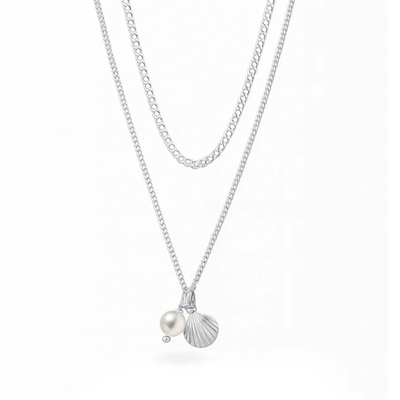 Sterling Silver Polished Seashell And Pearl Necklace