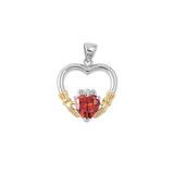 Sterling Silver Rhodium And Gold Plated Claddagh Garnet CZ Pendant