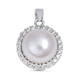 Sterling Silver Rhodium Plated Round Pearl And Clear CZ Pendant