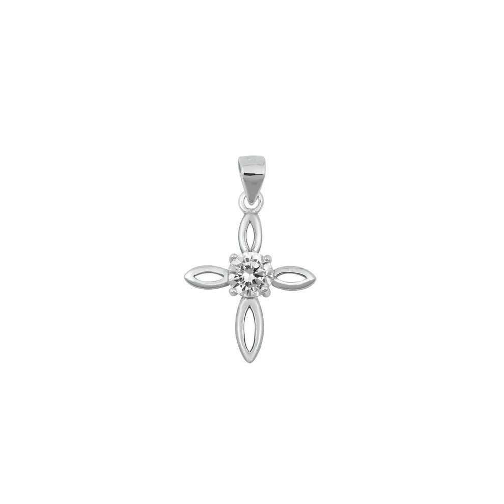 Sterling Silver Rhodium Plated Clear CZ 18mm Cross Pendant