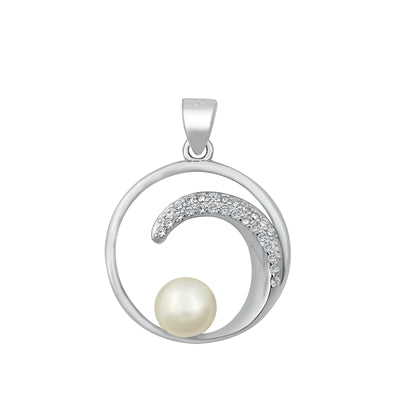 Sterling Silver Rhodium Plated Pearl And Wave Clear CZ Pendant