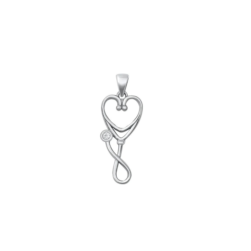 Sterling Silver Rhodium Plated 23mm Heart Stethoscope Clear CZ Pendant