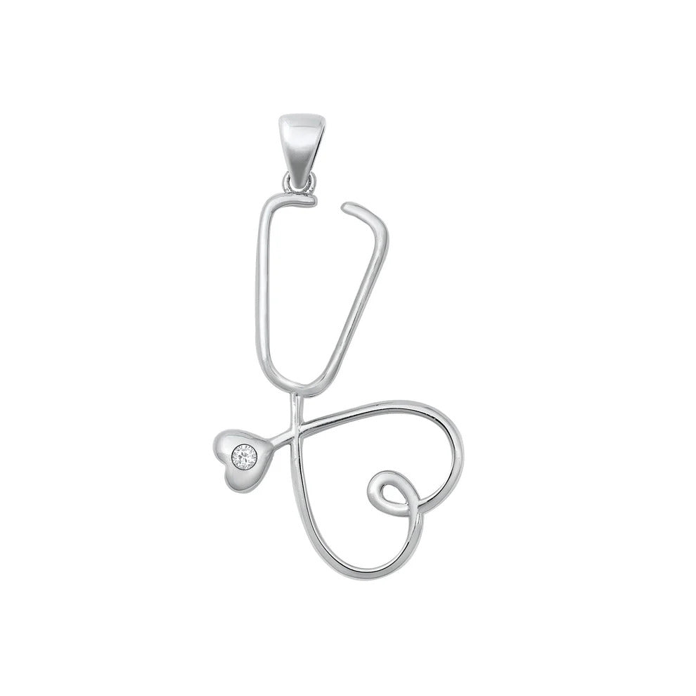 Sterling Silver Rhodium Plated Clear CZ Heart Stethoscope Pendant