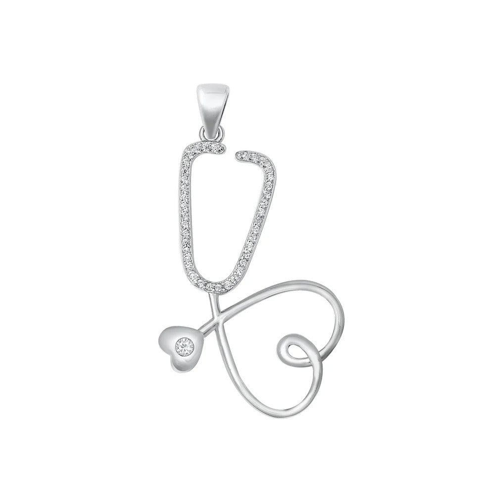 Sterling Silver Rhodium Plated Heart Stethoscope Clear CZ Pendant