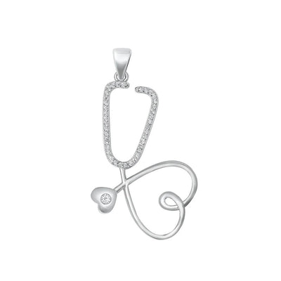 Sterling Silver Rhodium Plated Heart Stethoscope Clear CZ Pendant