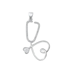 Sterling Silver Rhodium Plated Heart Stethoscope Clear CZ Pendant