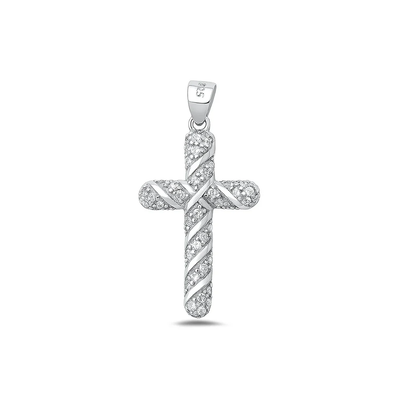Sterling Silver Rhodium Plated 23.4mm Cross Clear CZ Pendant
