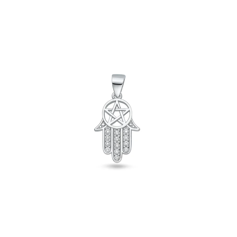 Sterling Silver Rhodium Plated Hamsa And Pentagram Clear CZ Pendant