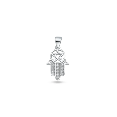 Sterling Silver Rhodium Plated Hamsa And Pentagram Clear CZ Pendant