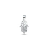 Sterling Silver Rhodium Plated Hamsa And Pentagram Clear CZ Pendant