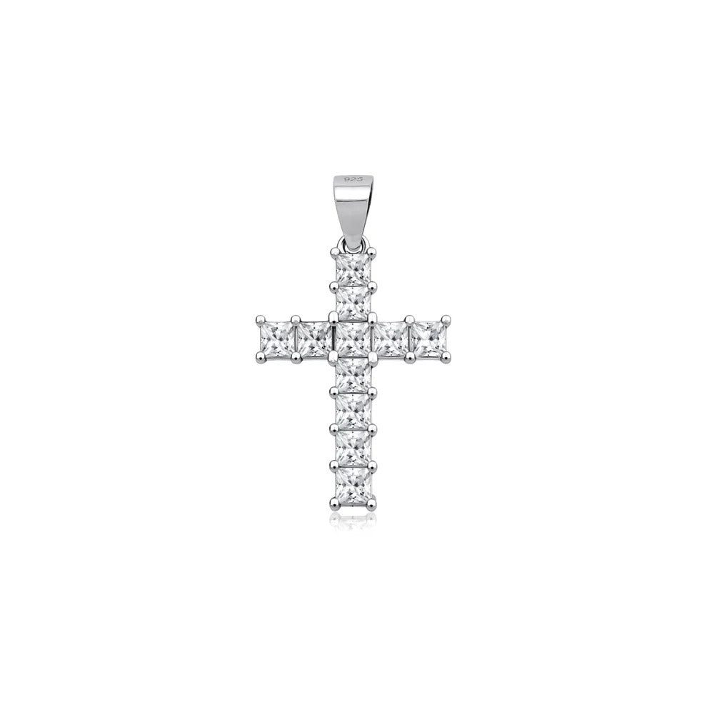 Sterling Silver Rhodium Plated 19mm Cross Clear CZ Pendant