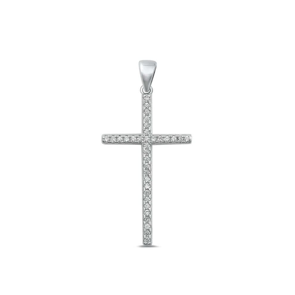 Sterling Silver Rhodium Plated 28mm Cross Clear CZ Pendant