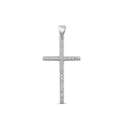 Sterling Silver Rhodium Plated 28mm Cross Clear CZ Pendant