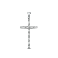 Sterling Silver Rhodium Plated 28mm Cross Clear CZ Pendant