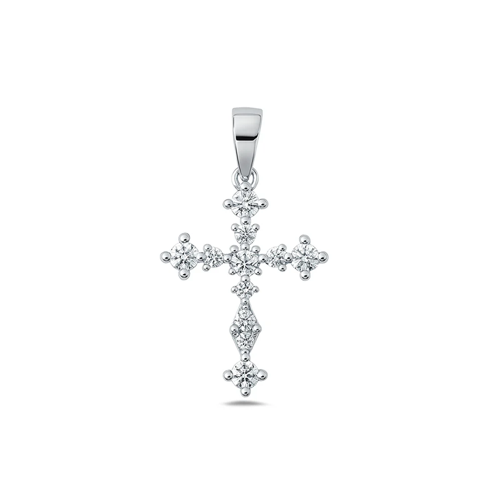 Sterling Silver Rhodium Plated Cross Clear CZ Pendant