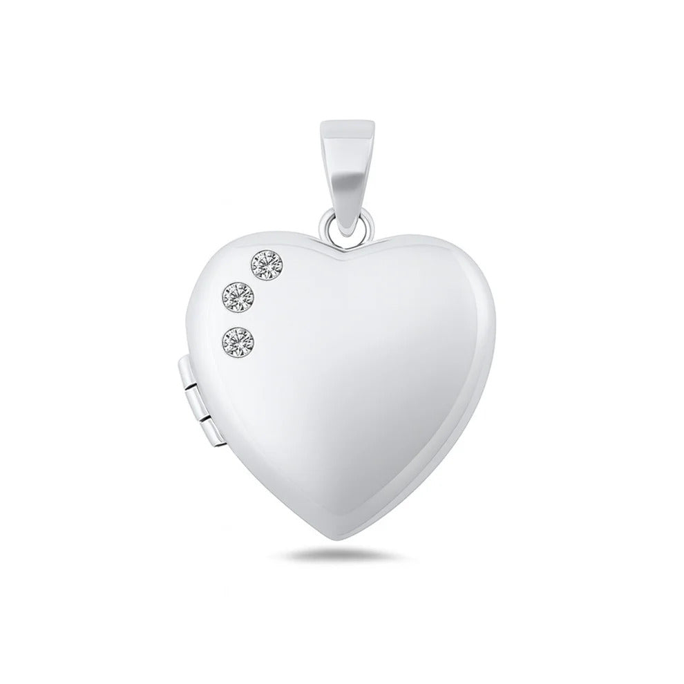 Sterling Silver Polished 23.4mm Clear CZ Heart Locket Pendant