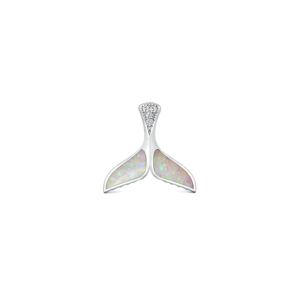 Sterling Silver Rhodium Plated Whale Tail White Lab Opal And Clear CZ Pendant