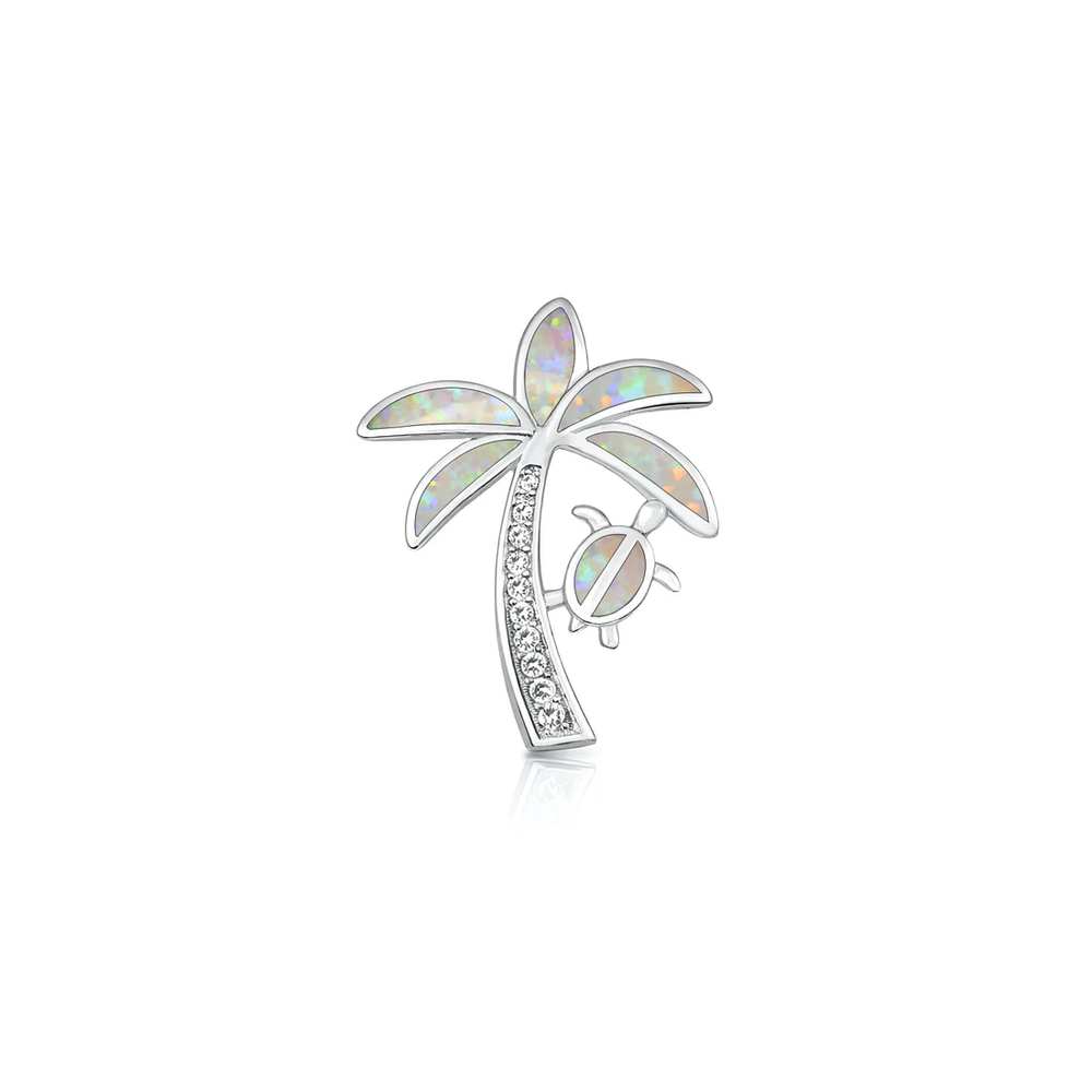 Sterling Silver Rhodium Plated Palm Tree And Turtle White Lab Opal And Clear CZ Pendant