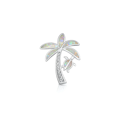 Sterling Silver Rhodium Plated Palm Tree And Turtle White Lab Opal And Clear CZ Pendant