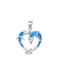 Sterling Silver Dolphin Hearts Blue Lab Opal Pendant