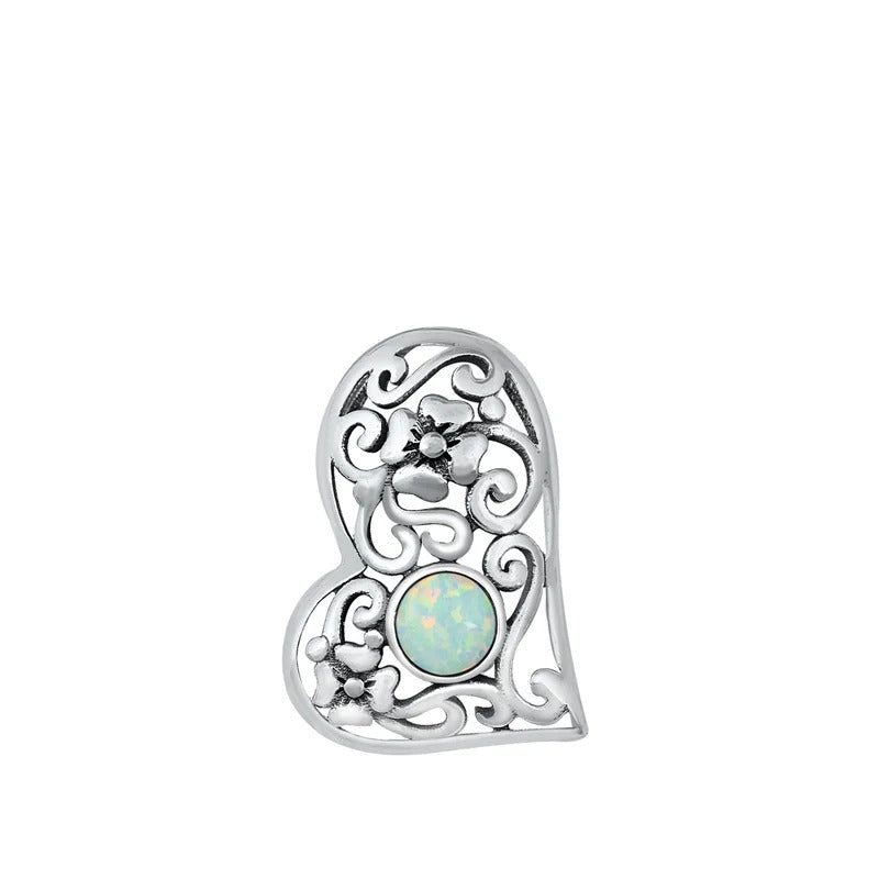 Sterling Silver White Lab Opal Heart Pendant