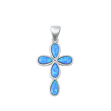 Load image into Gallery viewer, Sterling Silver Oxidized And Polished Cross Blue Lab Opal Pendant