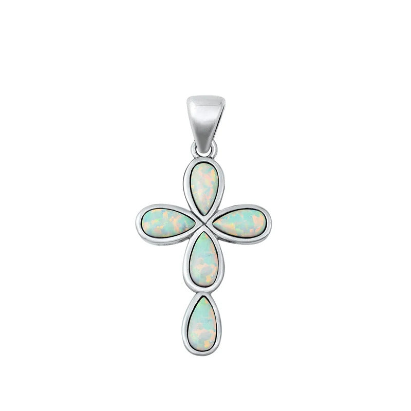 Sterling Silver Cross White Lab Opal Pendant