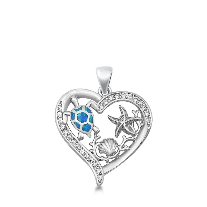 Sterling Silver Heart Sea Life Blue Lab Opal Pendant