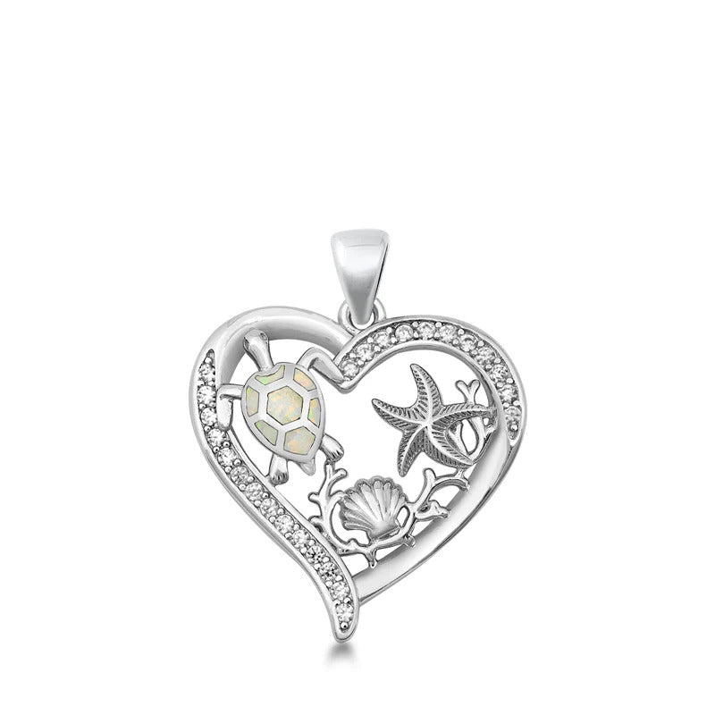 Sterling Silver Heart Sea Life White Lab Opal Pendant