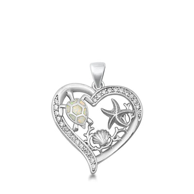 Sterling Silver Heart Sea Life White Lab Opal Pendant
