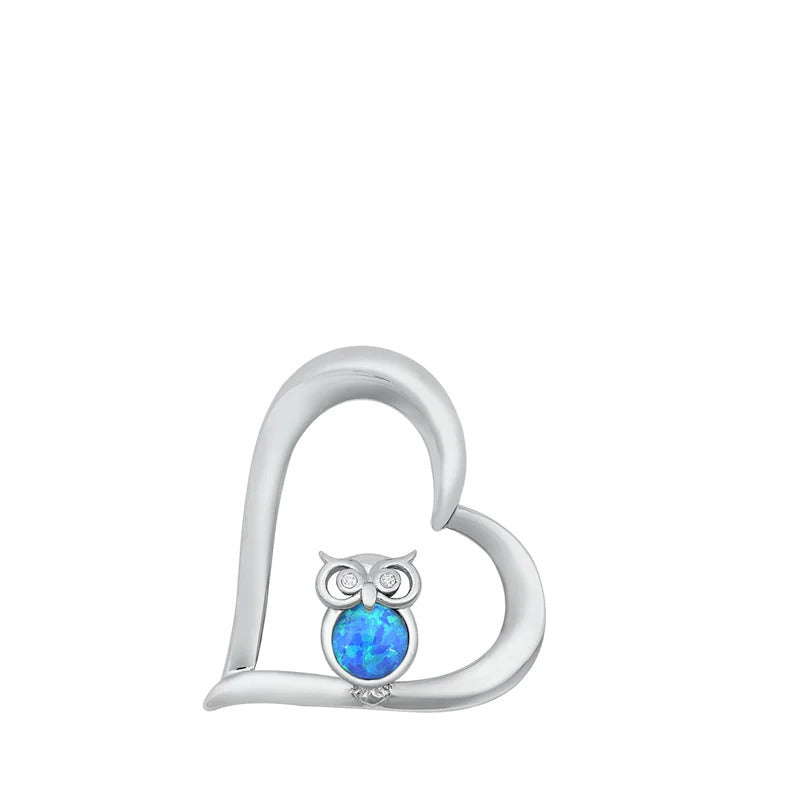 Sterling Silver Heart And Owl Blue Lab Opal Pendant