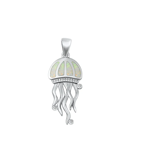 Sterling Silver White Lab Opal And Clear CZ Jellyfish Pendant