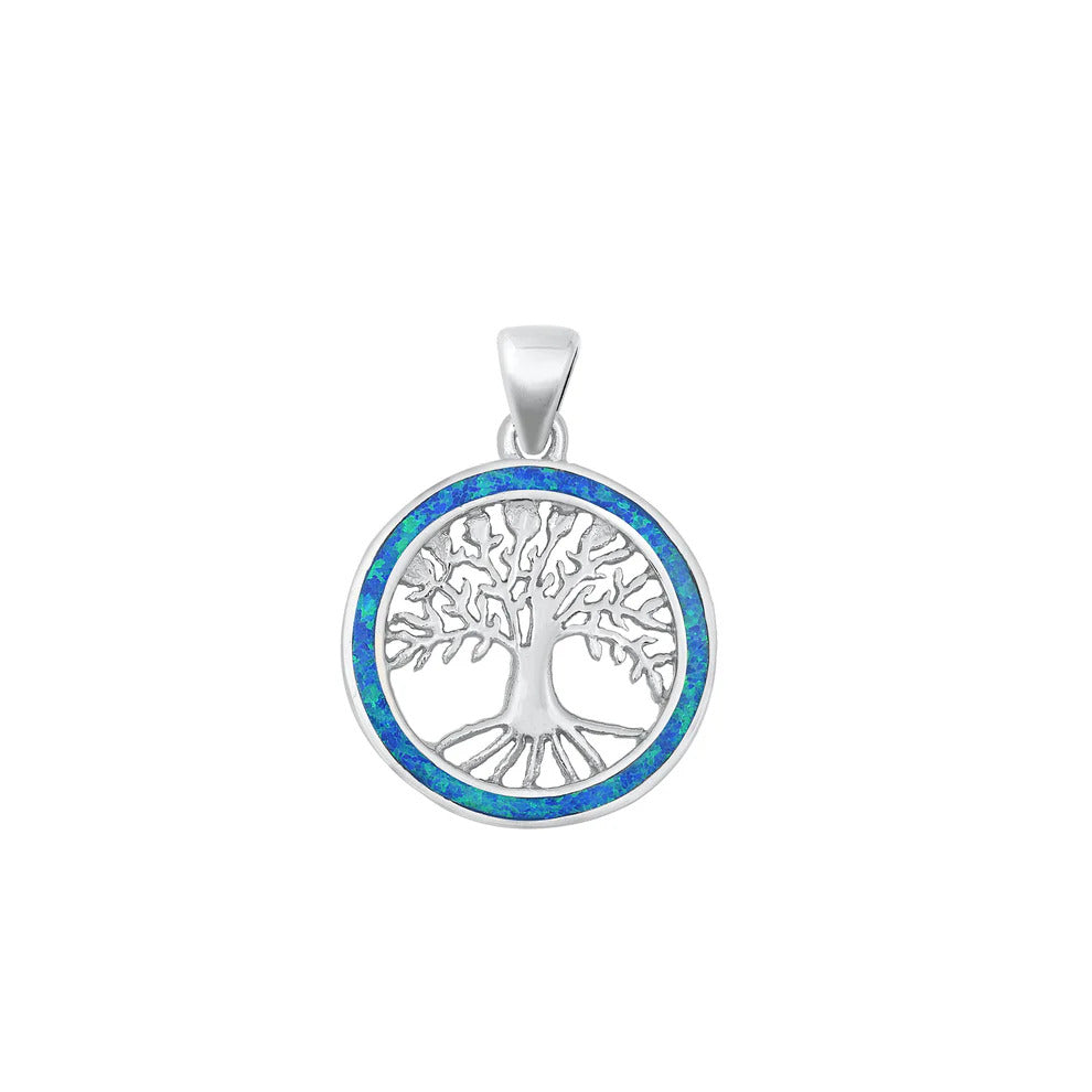 Sterling Silver Tree Of Life Blue Lab Opal Pendant