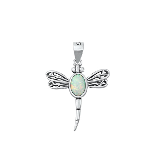 Sterling Silver Dragonfly White Lab Opal Pendant