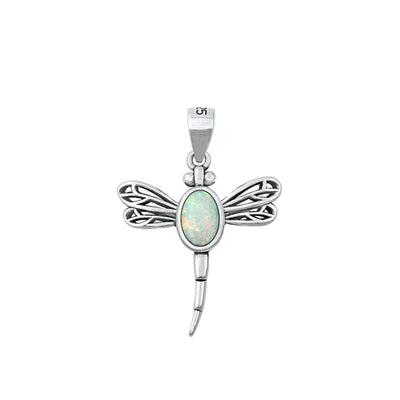 Sterling Silver Dragonfly White Lab Opal Pendant
