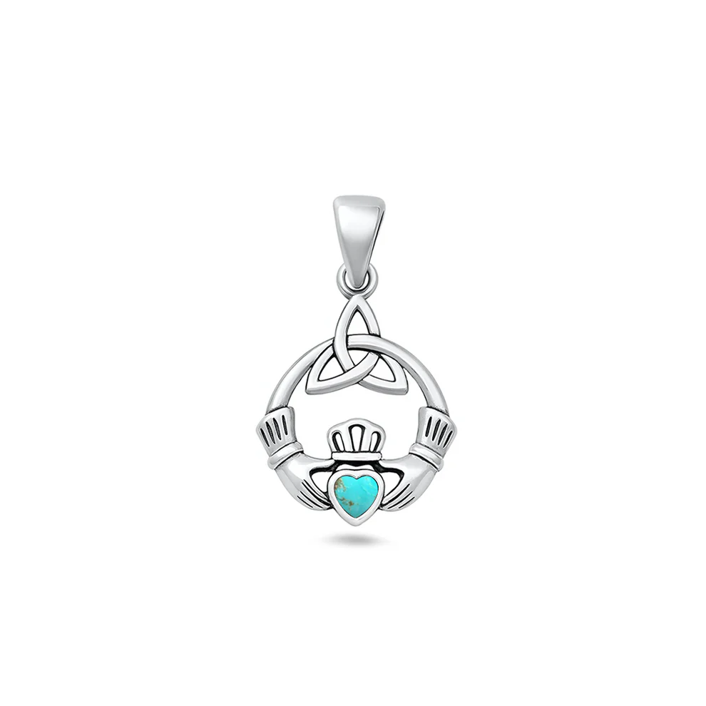 Sterling Silver Oxidized Claddagh And Triquetra Genuine Turquoise Stone Pendant
