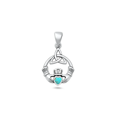 Sterling Silver Oxidized Claddagh And Triquetra Genuine Turquoise Stone Pendant