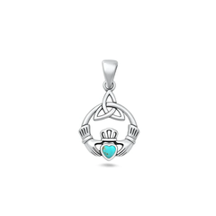 Sterling Silver Oxidized Claddagh And Triquetra Genuine Turquoise Stone Pendant