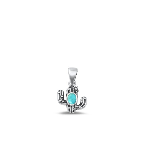 Sterling Silver Oxidized Genuine Turquoise Stone Cactus Pendant