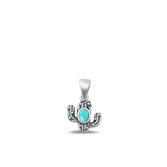 Sterling Silver Oxidized Genuine Turquoise Stone Cactus Pendant